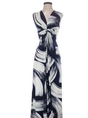 Eliza J Navy and White Abstract Brushstroke Maxi Dress with Twist Front